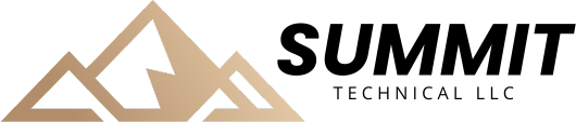 the logo for Summit Technical LLC with a gradient tan mountain icon next to it
